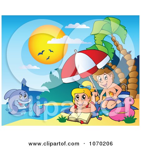 Clipart Dolphin Near Children Applying Sunblock On A Beach - Royalty Free Vector Illustration by visekart
