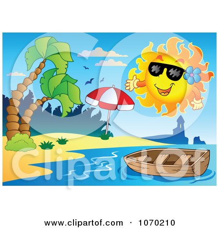 Clipart Sun Over A Boat And Tropical Beach - Royalty Free Vector Illustration by visekart
