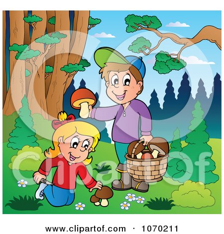 Clipart Children Picking Mushrooms Outdoors - Royalty Free Vector Illustration by visekart