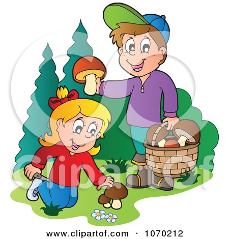 Clipart Two Kids Picking Mushrooms - Royalty Free Vector Illustration by visekart