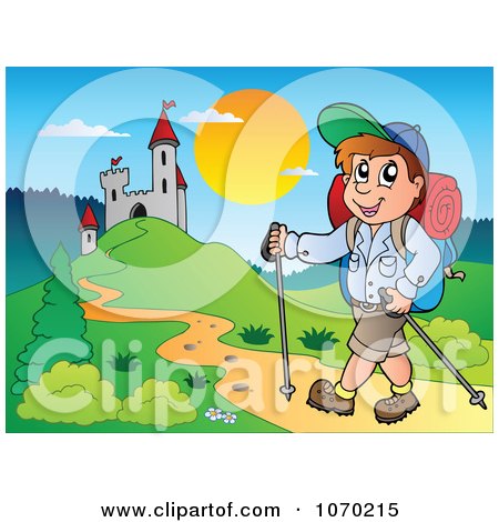 Clipart Man Hiking Up To A Castle - Royalty Free Vector Illustration by visekart