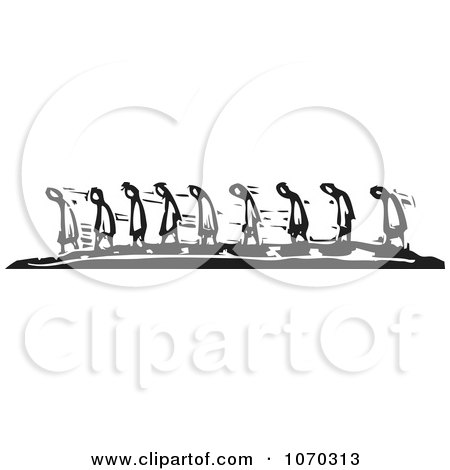 Clipart Woodcut Styled People Walking In A Line - Royalty Free Vector Illustration by xunantunich