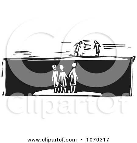 Clipart Woodcut Styled People Above Others Trapped In A Box - Royalty Free Vector Illustration by xunantunich