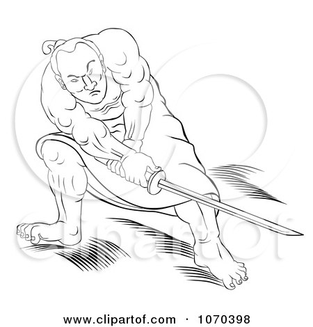 Clipart Outlined Samurai Warrior Fighting With A Sword - Royalty Free Illustration by patrimonio
