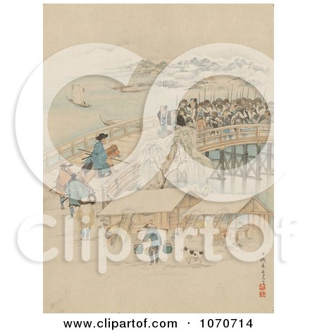 Royalty Free Historical Illustration of Men Confronting Samurai Warriors on a Bridge by JVPD