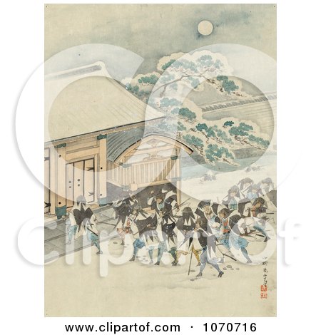 Royalty Free Historical Illustration of Samurai Warriors Heading Towards a Building on a Winter Night by JVPD