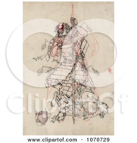 Royalty Free Historical Illustration of a Wounded Samurai Warrior Drinking Sake From a Bowl by JVPD