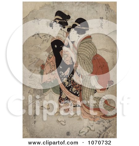 Royalty Free Historical Illustration of the Asian Courtesan Michinoku With Attendant by JVPD