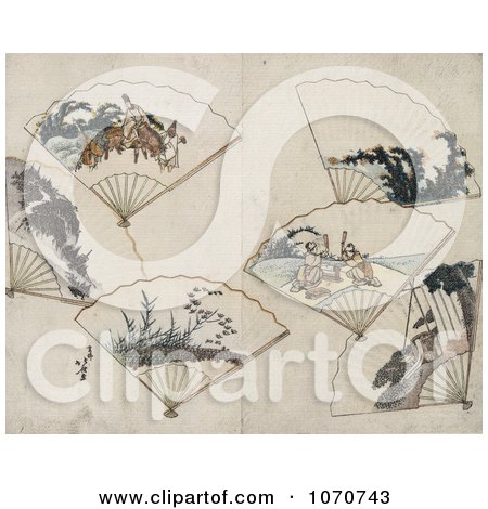 Royalty Free Historical Illustration of Six Folding Hand Fans With Landscape Scenes by JVPD
