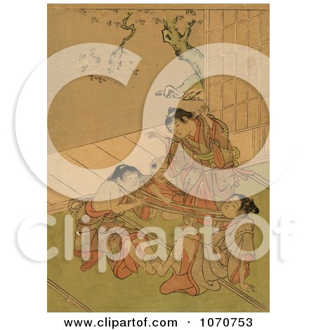 Royalty Free Historical Illustration of Japanese Children Playing Tug of War by JVPD