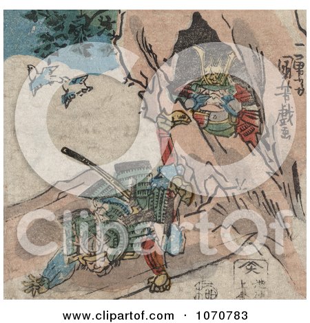 Royalty Free Historical Illustration of a Samurai Falling in Front of a Cave of Treasure by JVPD
