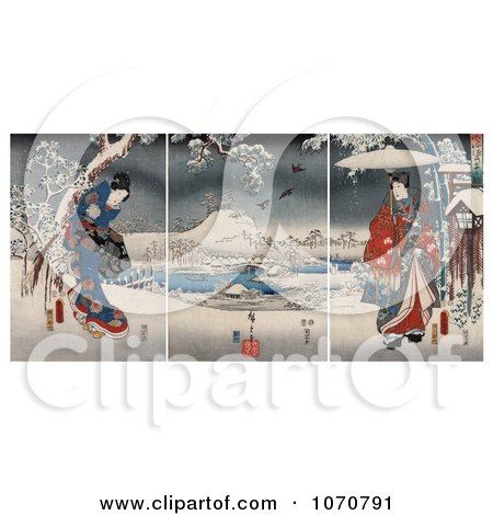 Royalty Free Historical Illustration of a Geisha Woman in a Gown and a Man Holding an Umbrella in a Snowy Landscape by JVPD