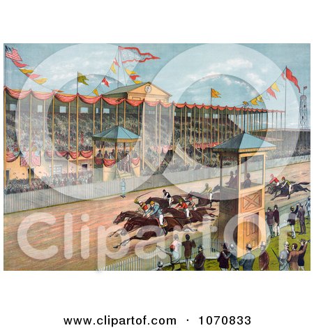 Illustration of Excited Crowds Watching A Horse Race At The Brighton Beach Race Course In New Jersey - Royalty Free Historical Clip Art by JVPD