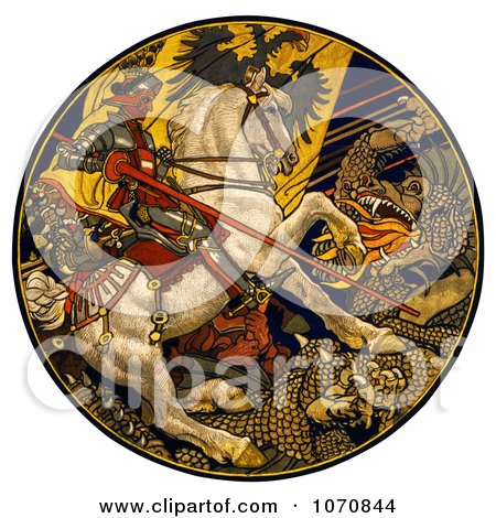 Illustration Of A Knight On A White Horse, Battling A Dragon Under An Austro-Hungarian Banner - Royalty Free Historical Clip Art by JVPD
