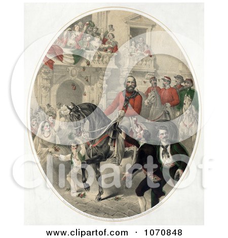 Illustration of a Crowd Watching Giuseppe Garibaldi On Horseback In Naples, Italy - Royalty Free Historical Clip Art by JVPD