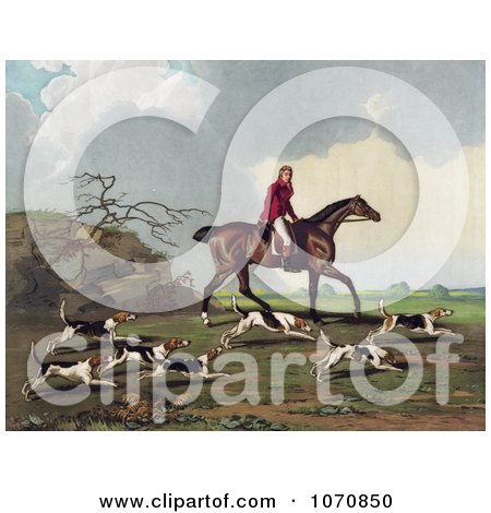 Illustration of a Man, Captain Ricketts, On Horseback, Fox Hunting With Dogs - Royalty Free Historical Clip Art by JVPD
