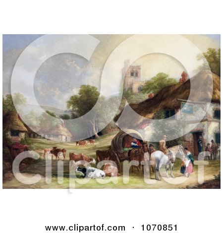 Illustration of Cattle, Horses, People And Carriages At The Swan Inn Of A Village, With A Castle In The Background - Royalty Free Historical Clip Art by JVPD