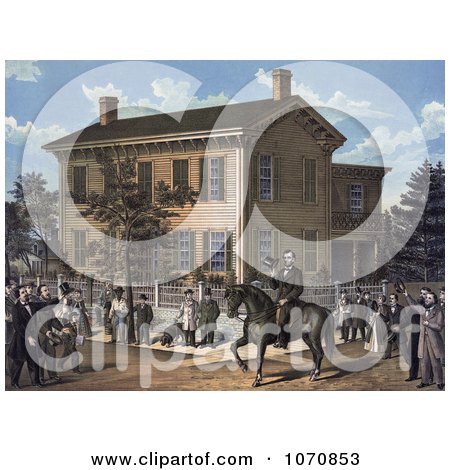 Illustration of Abraham Lincoln On Horseback In Front Of His Home, Being Greeting By Villages Upon The Return Of His Successful Campaign For The Presidency - Royalty Free Historical Clip Art by JVPD