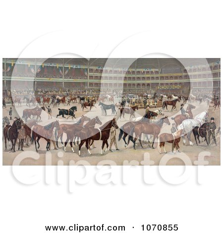 Illustration of a Parade Of Beautiful Horses At A National Horse Show - Royalty Free Historical Clip Art by JVPD