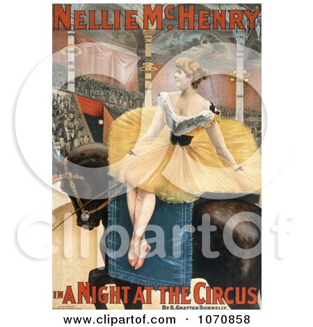 Illustration of Nellie McHenry Seated Sideways on a Horse in "A night at the circus" - Royalty Free Historical Clip Art by JVPD