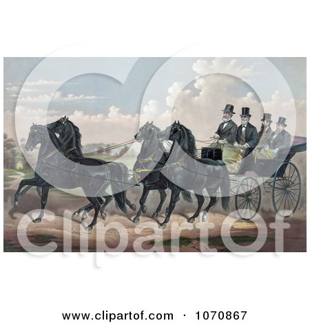 Illustration of a Man and His Three Sons in a Carriage Being Pulled by Four Beautiful Black Horses - Royalty Free Historical Clip Art by JVPD