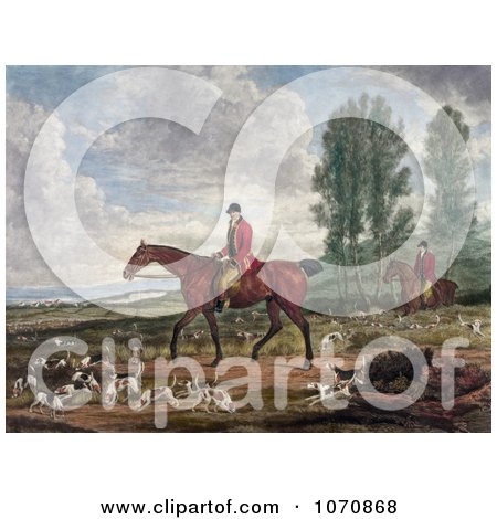 Illustration of Two Men on Horseback, Fox Hunting With Dogs - Royalty Free Historical Clip Art by JVPD