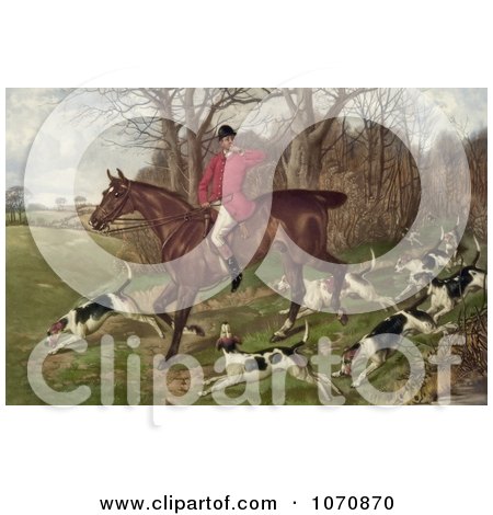 Illustration of a Man Fox Hunting on Horseback, Surrounded by Dogs - Royalty Free Historical Clip Art by JVPD