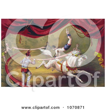Illustration of a Circus Acrobat Doing a Hand Stand on a Horse - Royalty Free Historical Clip Art by JVPD