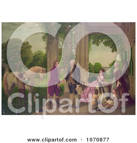 Illustration of George Washington and Family Welcoming Marquis de Lafayette at Mount Vernon - Royalty Free Historical Clip Art by JVPD