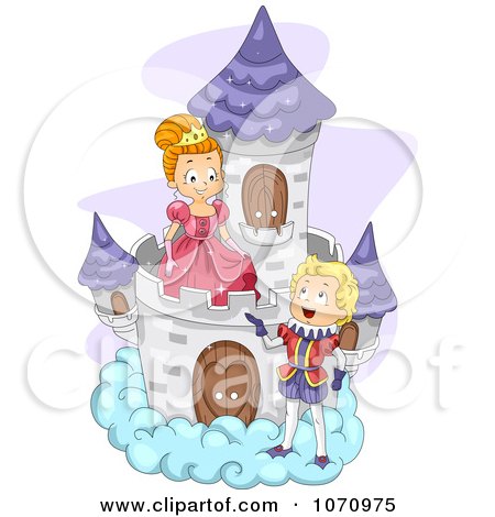 Clipart Fairy Tale Prince Talking To A Princess On A Cloud Castle - Royalty Free Vector Illustration by BNP Design Studio