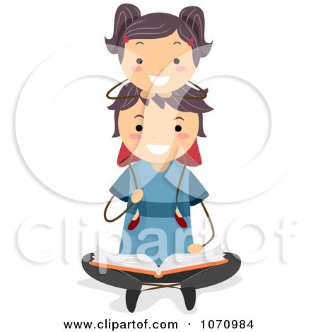 Clipart Girl Sitting On Her Fathers Shoulders As He Reads A Story - Royalty Free Vector Illustration by BNP Design Studio