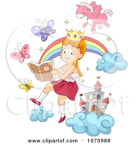 Clipart Girl Reading A Book And Imagining The Story - Royalty Free Vector Illustration by BNP Design Studio