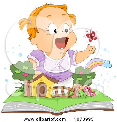 Clipart Baby Girl Playing With A Popup Book - Royalty Free Vector Illustration by BNP Design Studio