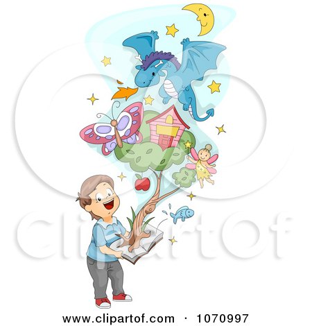 Clipart Boy Holding A Pop Up Book With Items Emerging From The Pages - Royalty Free Vector Illustration by BNP Design Studio