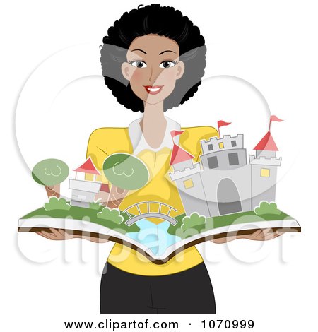Clipart Happy Black Female Teacher Holding A Pop Up Story Book With A Castle - Royalty Free Vector Illustration by BNP Design Studio