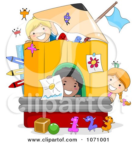 Clipart School Kids Playing In A Pencil House - Royalty Free Vector Illustration by BNP Design Studio