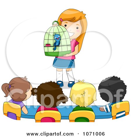 Clipart School Girl Sharing Her Pet Bird To Her Classmates - Royalty Free Vector Illustration by BNP Design Studio