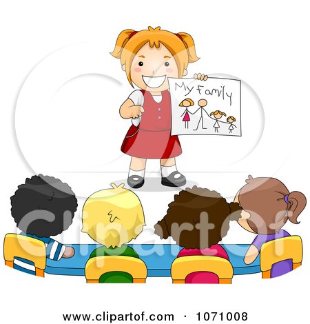 Clipart School Girl Sharing A Drawing Of Her Family - Royalty Free Vector Illustration by BNP Design Studio
