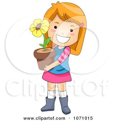 Clipart Happy Girl Holding A Potted Flower - Royalty Free Vector Illustration by BNP Design Studio