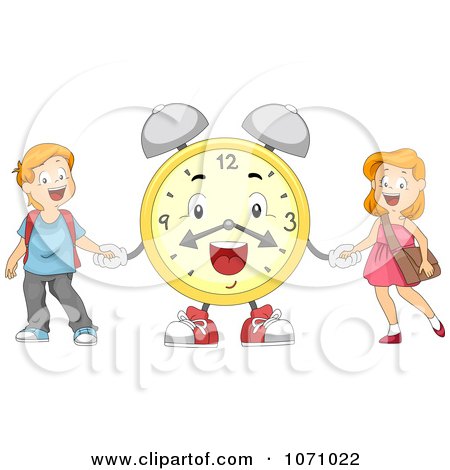 Clipart School Kids Holding Hands With An Alarm Clock - Royalty Free Vector Illustration by BNP Design Studio