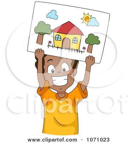 Clipart Happy Boy Holding Up A Drawing Of A House - Royalty Free Vector Illustration by BNP Design Studio