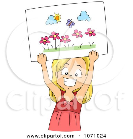 Clipart Happy Girl Holding Up A Drawing Of A Butterfly And Flowers - Royalty Free Vector Illustration by BNP Design Studio
