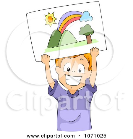 Clipart Happy Boy Holding Up A Drawing Of A Rainbow - Royalty Free Vector Illustration by BNP Design Studio