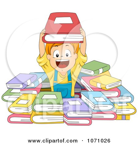Clipart Happy Boy In A Pile Of Books - Royalty Free Vector Illustration by BNP Design Studio