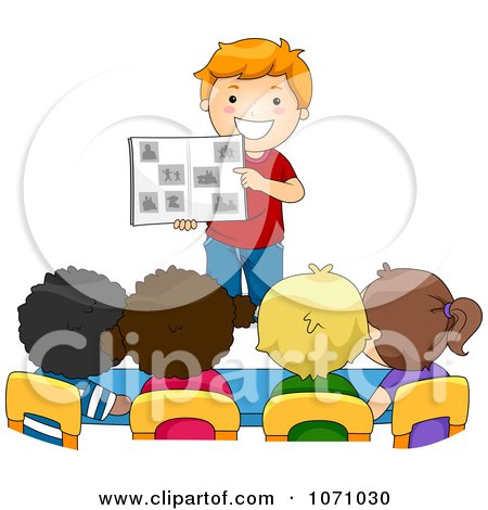Clipart School Boy Sharing A Photo Album With His Classmates - Royalty Free Vector Illustration by BNP Design Studio