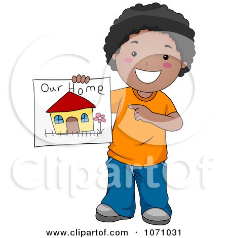 Clipart Black Boy Holding A Drawing Of His Family Home - Royalty Free Vector Illustration by BNP Design Studio