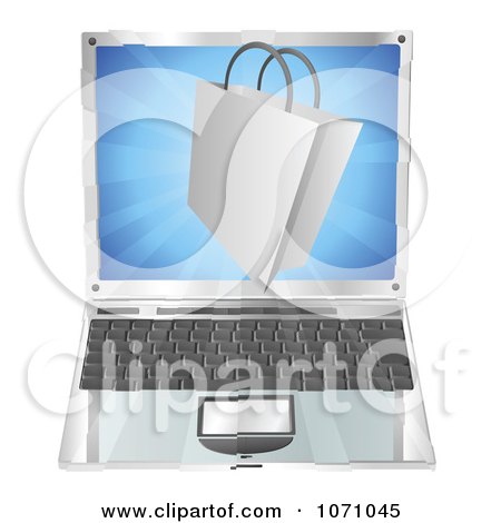 Clipart 3d Shopping Bag Over A Laptop - Royalty Free Vector Illustration by AtStockIllustration