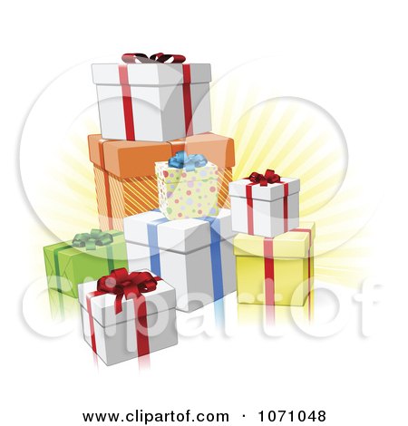 Clipart 3d Birthday Or Christmas Gifts And Rays - Royalty Free Vector Illustration by AtStockIllustration
