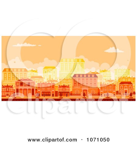 Clipart Urban Avenue With Townhouses At Sunset - Royalty Free Vector Illustration by AtStockIllustration