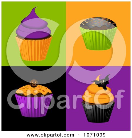 Clipart 3d Halloween Cupcakes On Colorful Tiles - Royalty Free Vector Illustration by elaineitalia